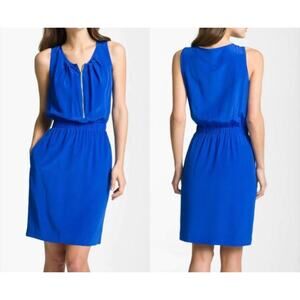 Eliza J Women's 100% Silk Dress Front Zip Elastic Waist Sleeveless Royal Blue 12